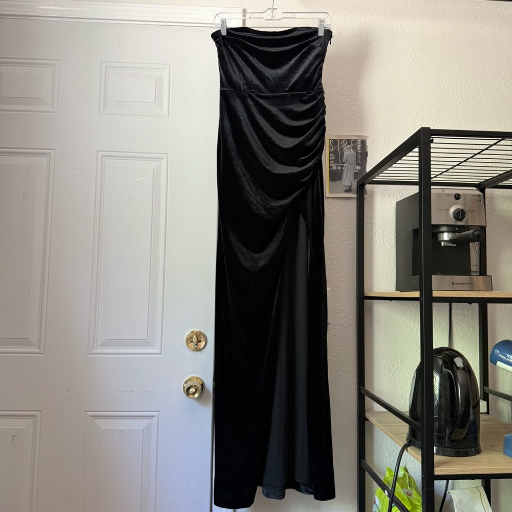 BHLDN black velvet strapless sleeveless maxi gown event formal dress